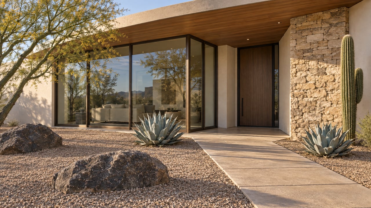 Desert-modern home with a curved wood-lined overhang, limestone entry pier, bronze-framed glass and a gravel forecourt planted with sculptural desert species.