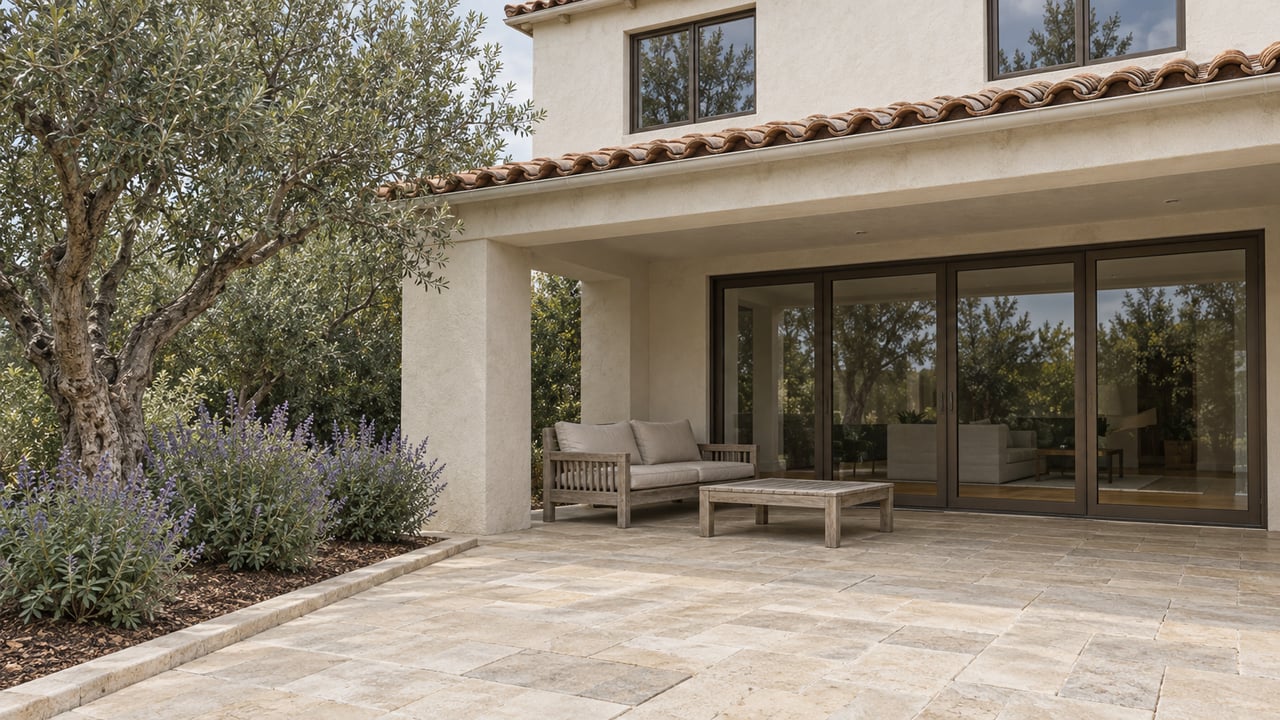 White stucco home with terracotta eaves, closed bronze-framed glass doors, a teak bench, and an olive tree beside a limestone terrace.