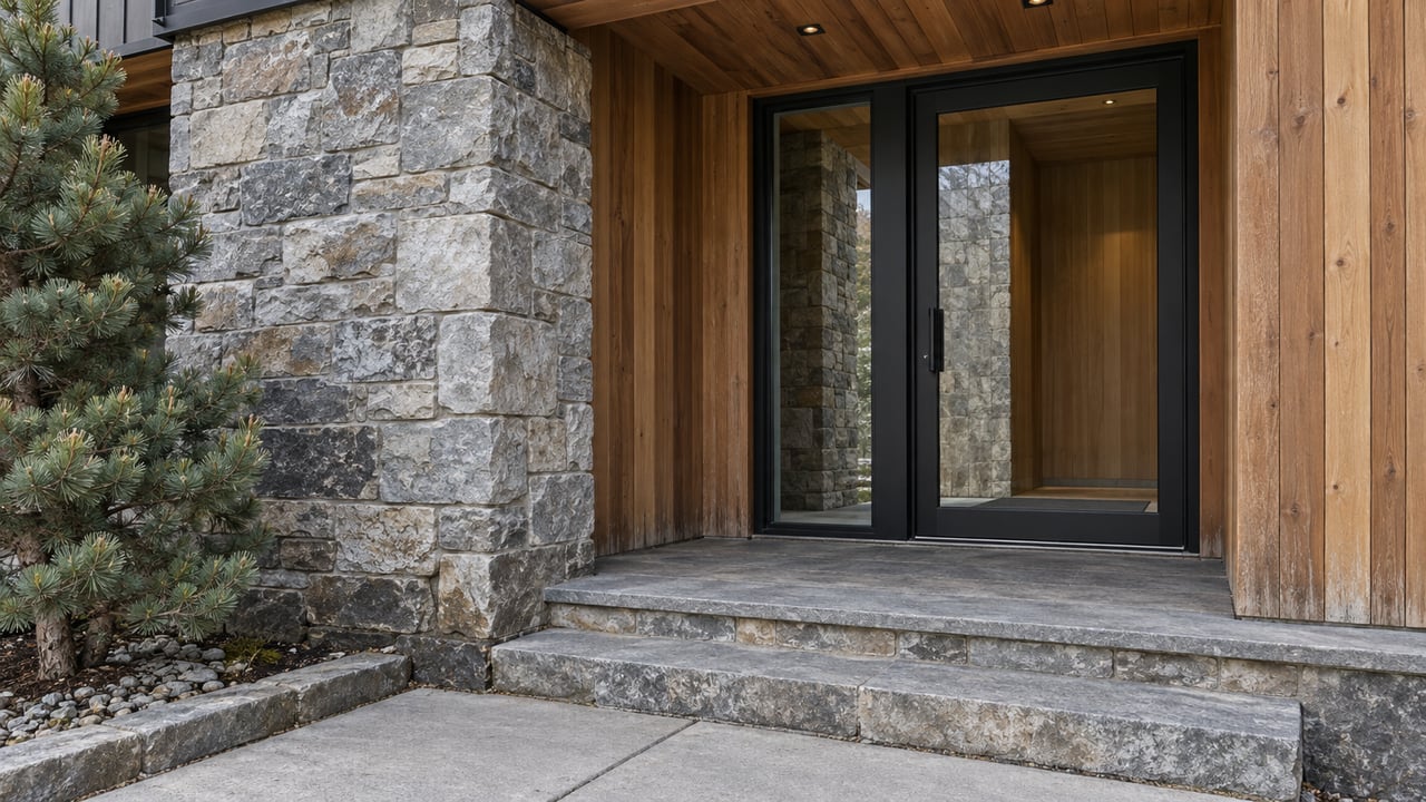 Close exterior view of a sheltered cedar and gray stone entrance with black-framed glazing, broad stone steps, and one sculptural pine.