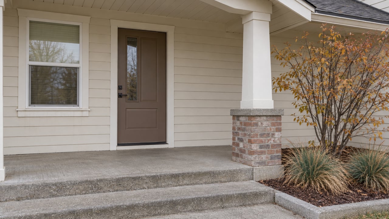 Covered home entry with ivory siding, a brown front door, brick porch pedestal, and autumn serviceberry planting.