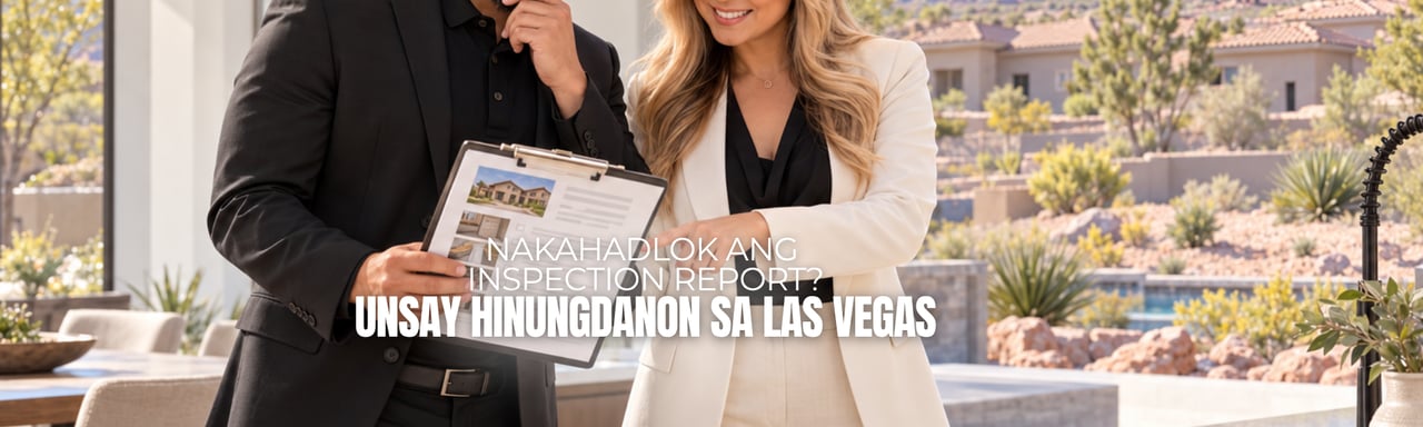 Las Vegas home inspection banner with a man and woman reviewing an inspection report beside a backyard pool.