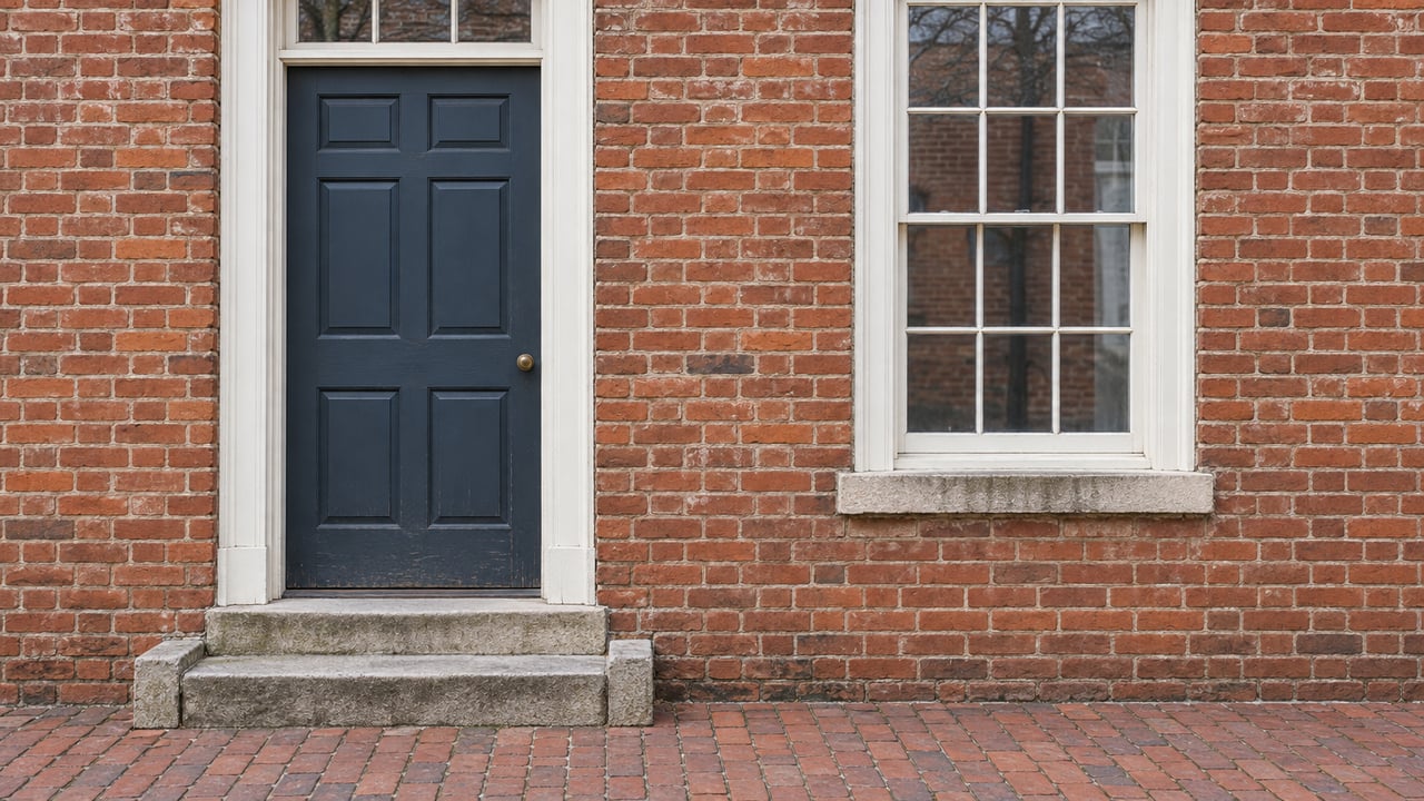 Slate-blue paneled front door and white-trimmed sash window in an aged brick facade above limestone steps and a brick sidewalk.