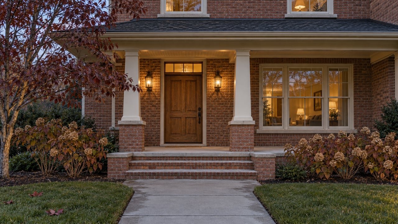 Brick home with an oak front door, illuminated porch sconces, broad steps and autumn dogwood beside a lawn.