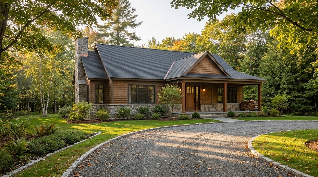 Modern Craftsman home with a cedar-and-stone exterior beside an acreage driveway.