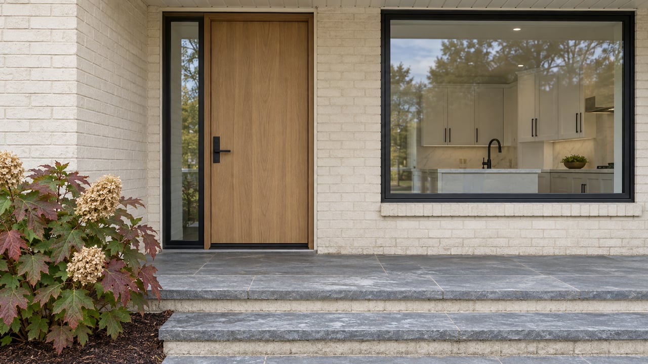 Recessed oak front door and black-framed kitchen window above blue-gray stone steps, beside an oakleaf hydrangea turning autumn red.