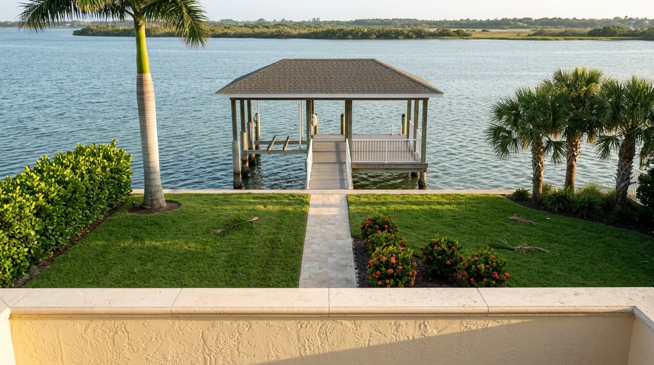 Covered dock with an empty slip extends from a lawn over calm lagoon water toward a mangrove shoreline.