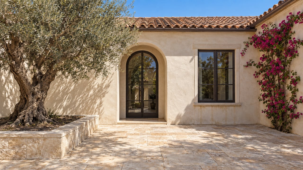 Stucco courtyard with an arched glazed entry, terracotta roof edge, olive tree, and climbing bougainvillea.