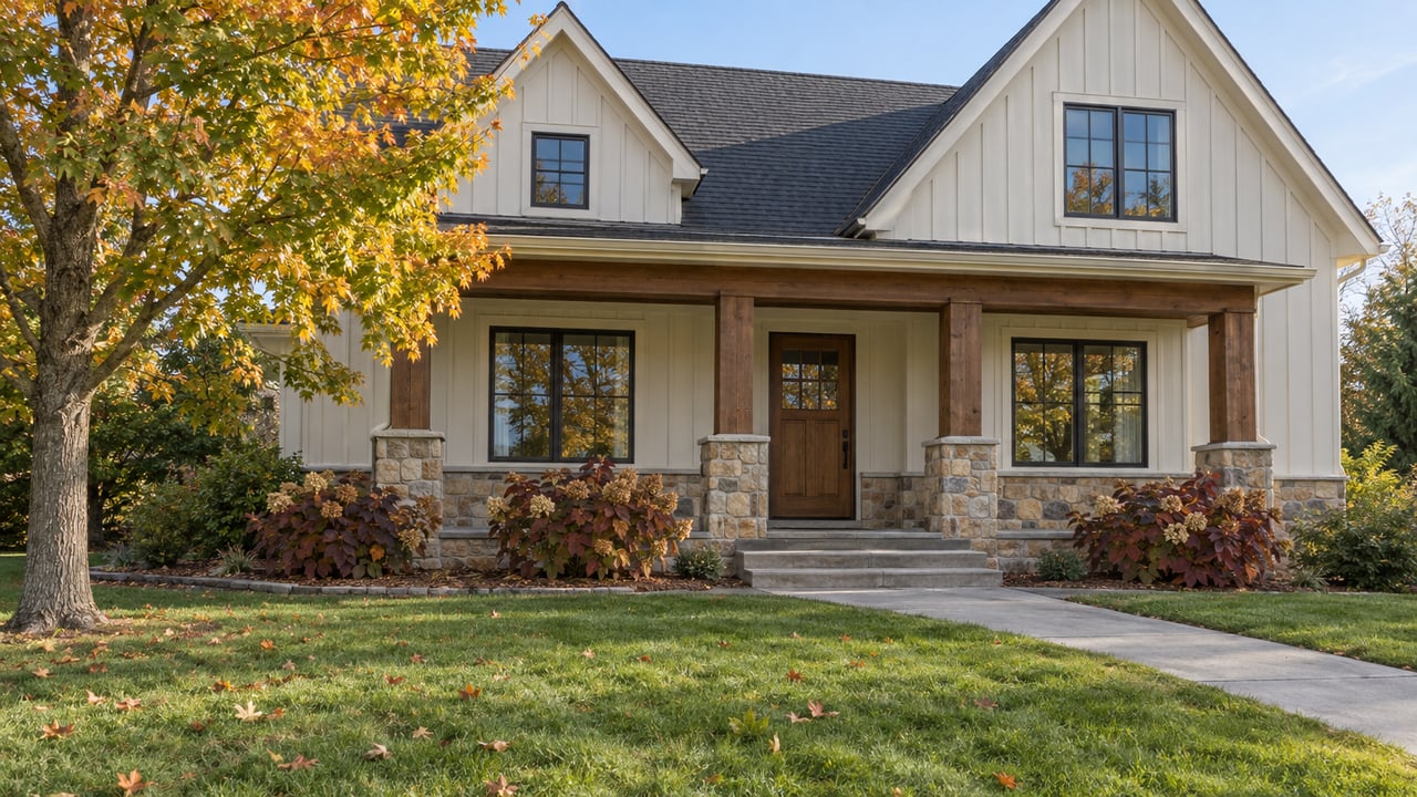 Gabled ivory home with a stone-and-timber porch, broad front lawn and an autumn maple.