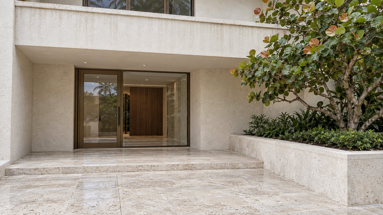 Shell-limestone approach leading to a bronze-framed condominium entrance beneath an ivory stucco balcony, beside a sculptural sea-grape tree.