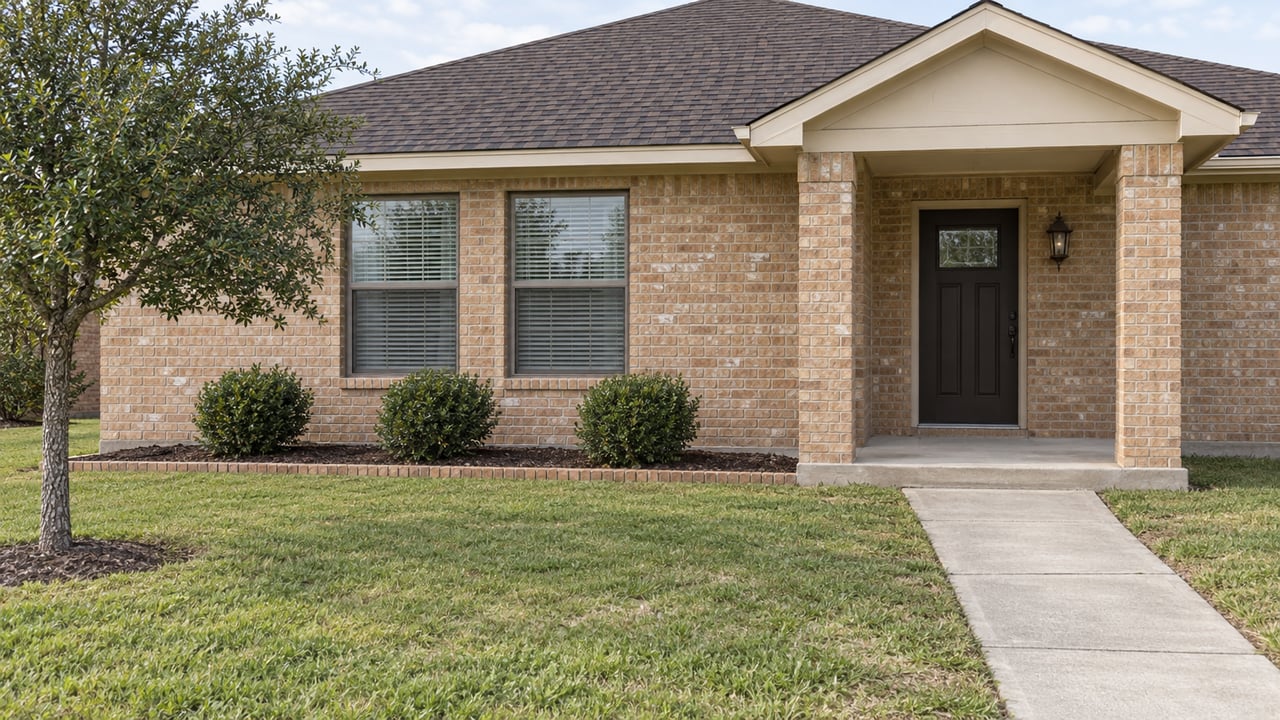 Buff brick single-story home with a covered entry, paired windows, concrete approach and green front lawn.