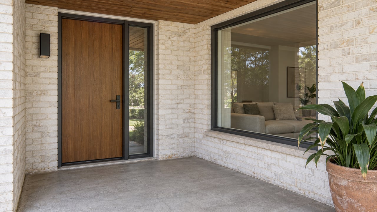 Covered front porch with a stained wood door, white painted brick, charcoal-framed window, and a terracotta pot of cast-iron plant.