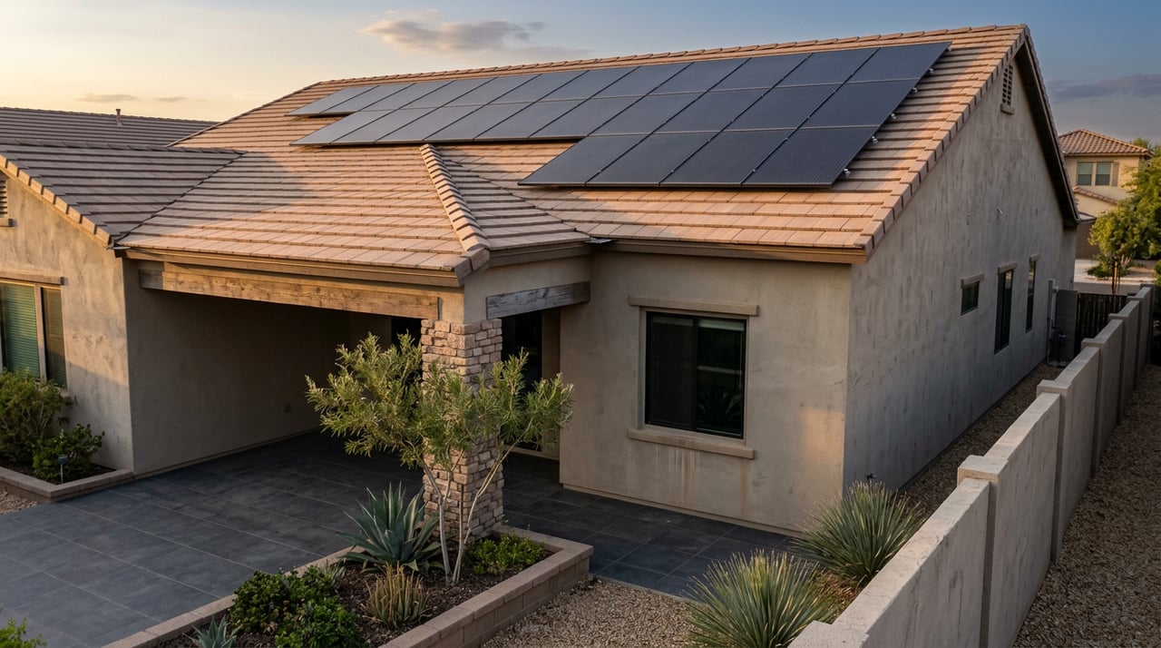 Three rows of dark solar panels on a terracotta tile roof above a stucco patio with a weathered wood beam.