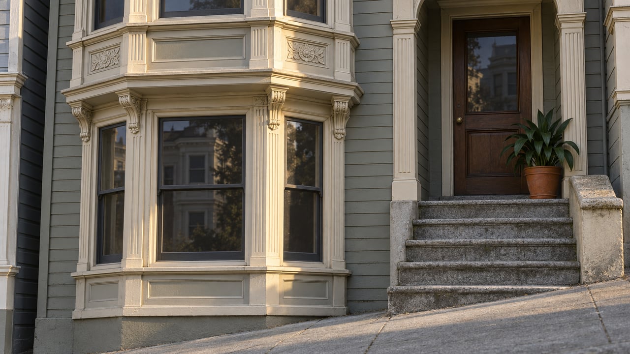 Gray-green timber home with cream bay-window trim, a recessed walnut door and worn granite steps in afternoon light.