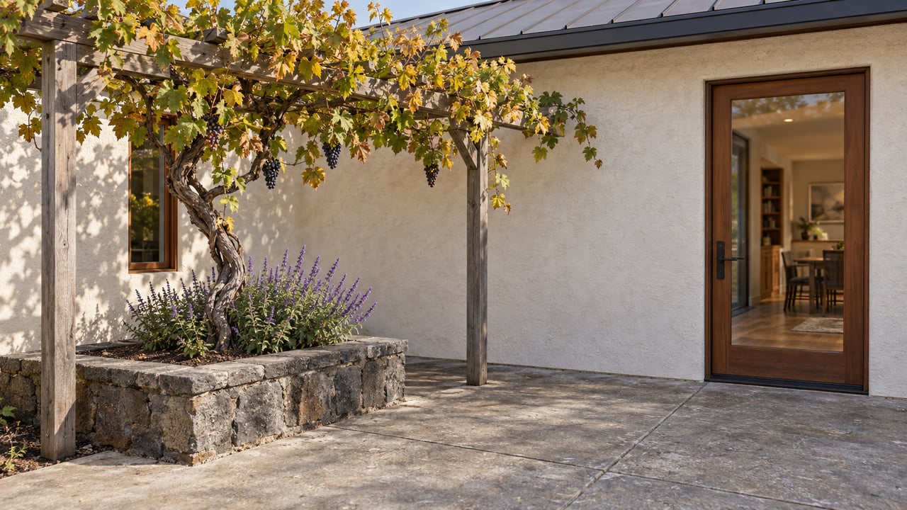 A grape arbor with sparse amber leaves and three purple fruit clusters stands beside a stucco house.