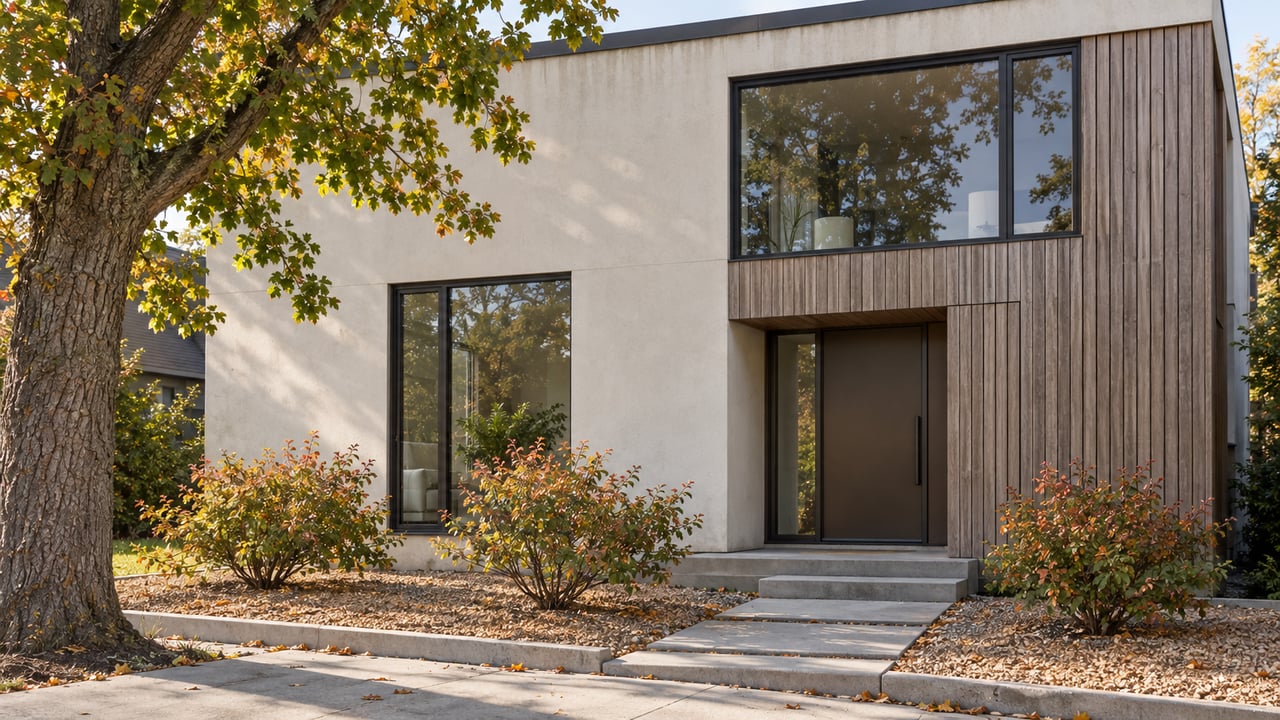 Two-storey infill with cream stucco, weathered wood slats, large windows, and pavers amid autumn shrubs.