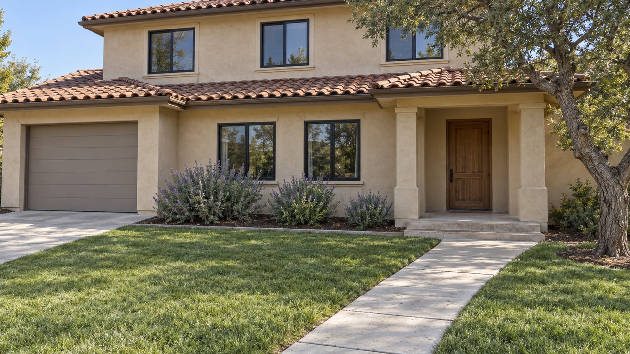 Two-story sand-colored stucco home with terracotta roof, black-framed windows, a deep front lawn and an oak beside its covered entry.