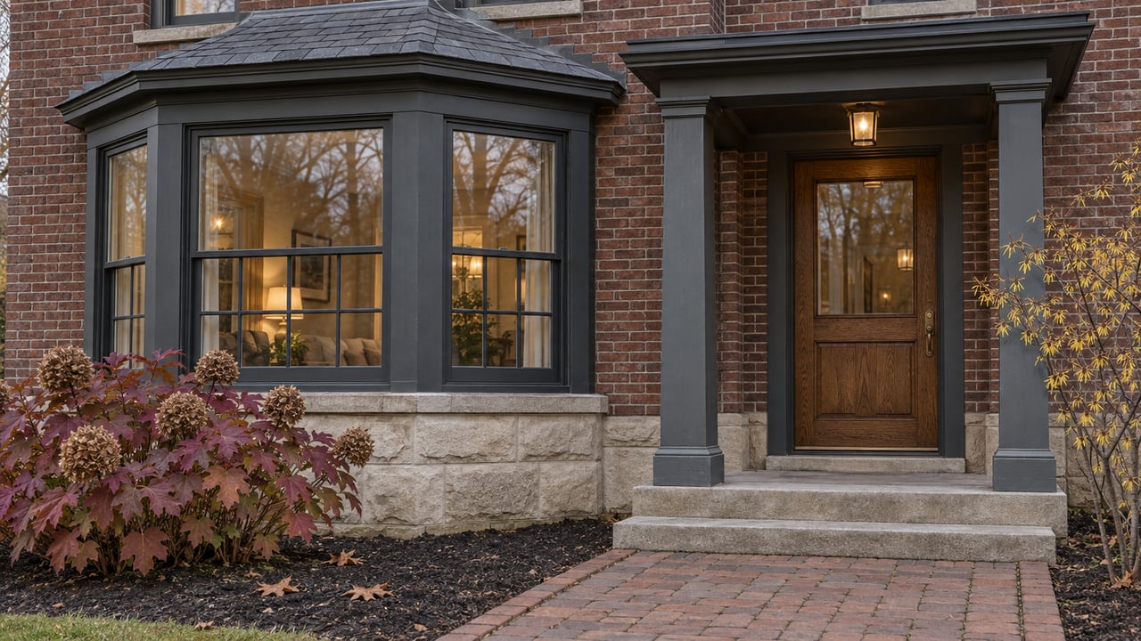 Brick home with a glazed bay window, sheltered oak entry, limestone steps and late-autumn planting.