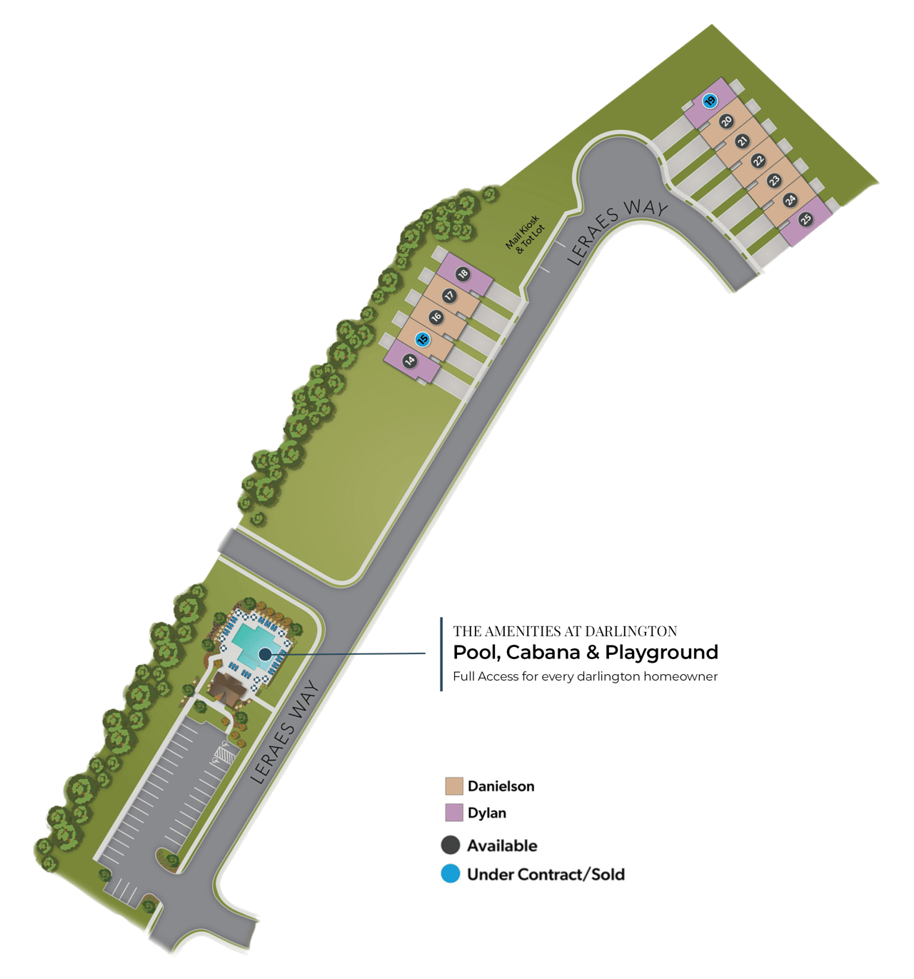 Darlington site map showing numbered homesites, community amenities, and lot availability.