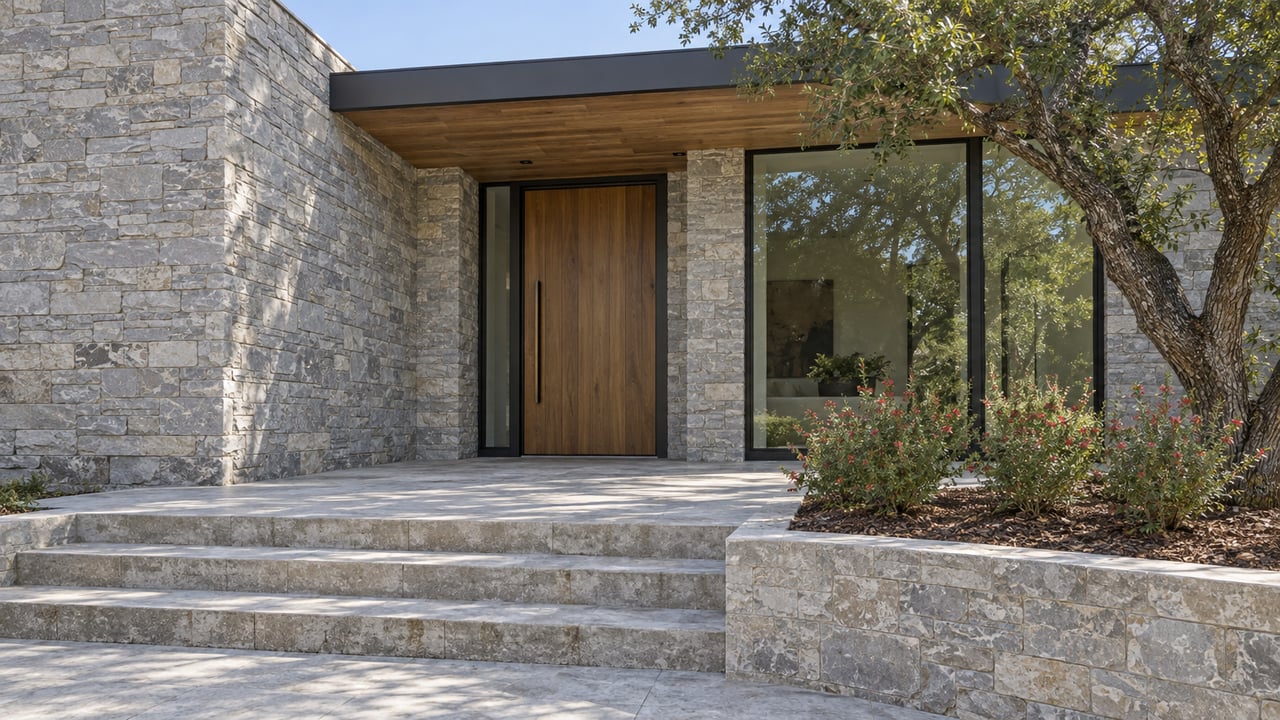 Contemporary stone home with a recessed timber front door, broad limestone steps and a mature oak beside a raised planting bed.