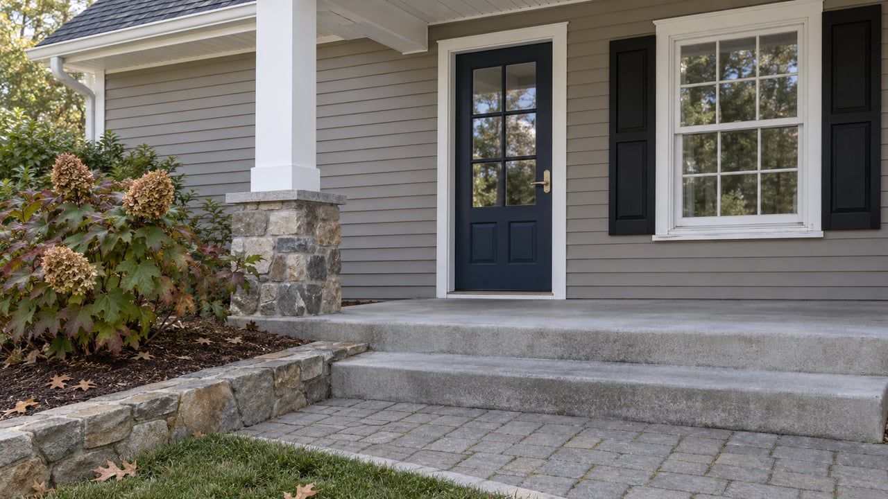 Covered entry of a taupe-sided home with a navy glazed door, white trim, concrete steps and an oakleaf hydrangea beside a low stone retaining edge.