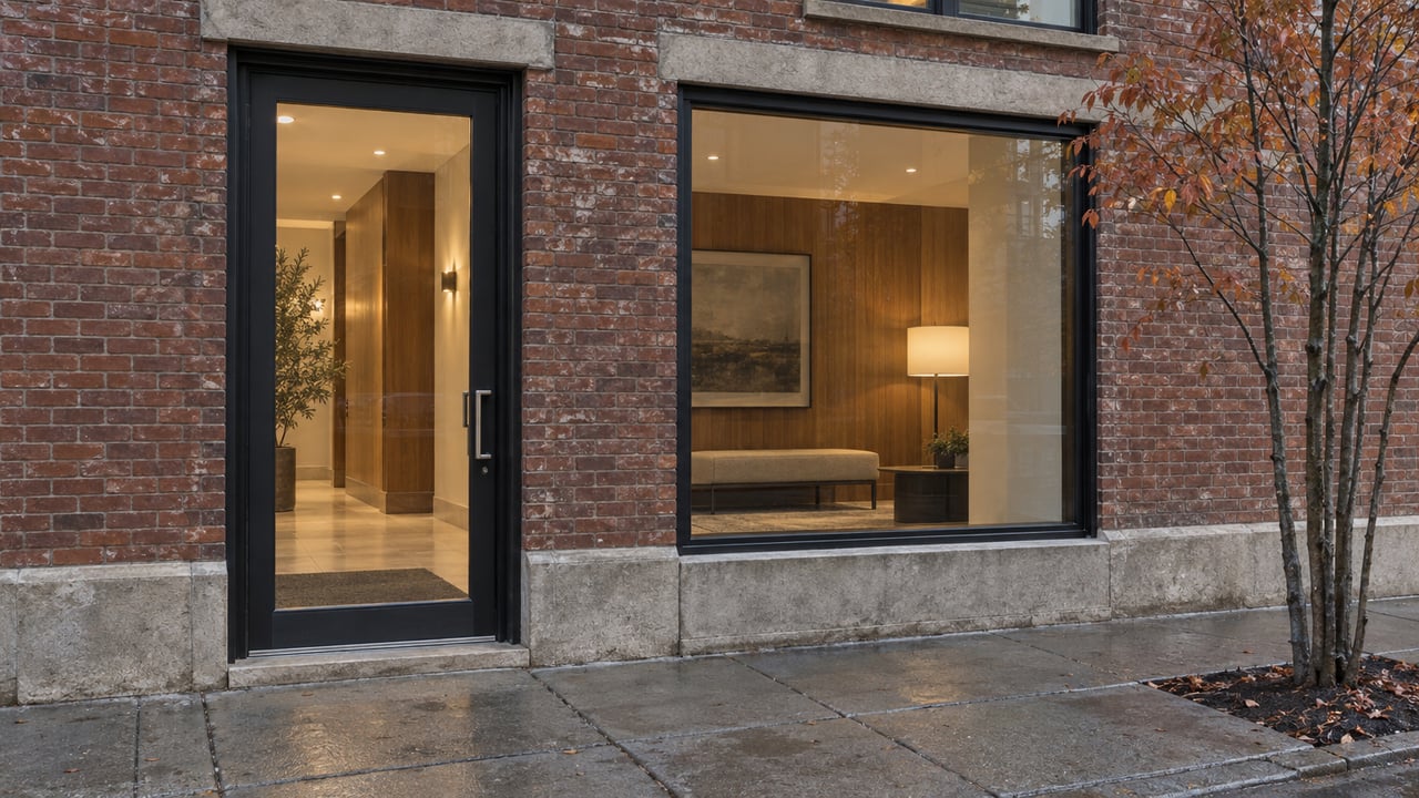 Brick residential facade with a glazed black-metal entry, warm oak lobby, and sparse rust-colored leaves.