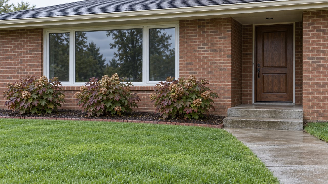 Brown-red brick ranch with a recessed wood entry door, white-framed picture window, damp concrete approach and burgundy oakleaf hydrangeas beside a broad green lawn.