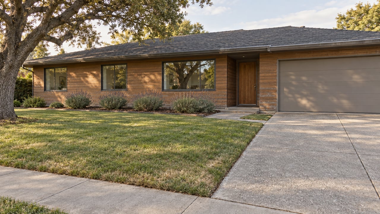 Low cedar-sided home behind a deep lawn, with a mature branching oak, concrete approach and attached garage in soft afternoon light.