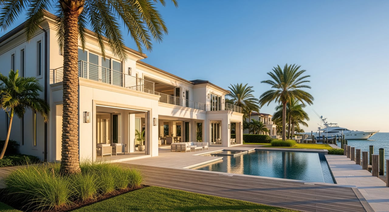Modern waterfront villa with a long pool, palm trees, wooden deck, and boats beyond the dock.