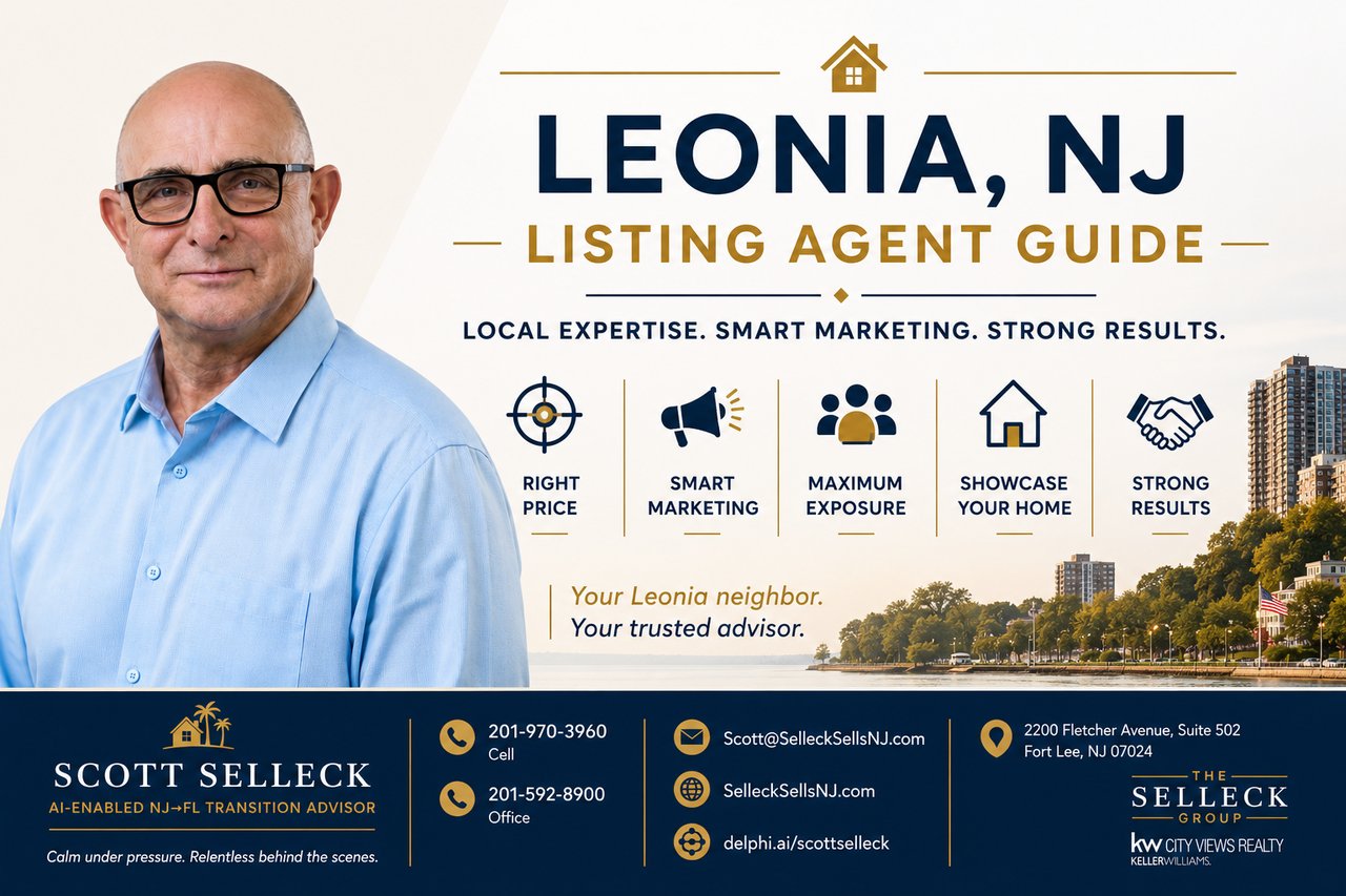 Leonia, NJ listing agent guide featuring Scott Selleck, with marketing claims and contact details.