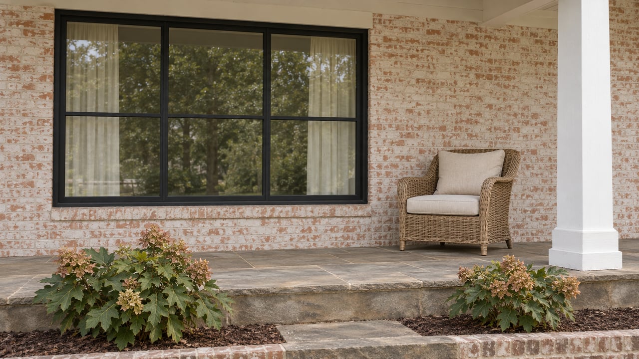 Covered porch with creamwashed brick, a black divided-light window, a rattan chair and sandstone steps beside oakleaf hydrangeas.