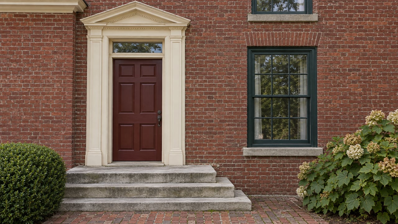 Red-brick house entrance with an oxblood paneled door, limestone steps, and a tall sash window.