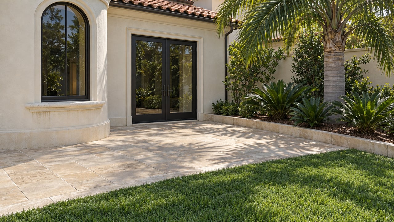 Cream-stucco home with an arched window, glazed terrace doors, limestone paving and a specimen palm beside a planted garden bed.