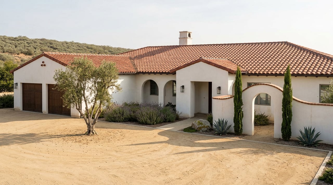 Stucco estate with red tile roof, arched entrance, gravel motor court, and mature olive tree.