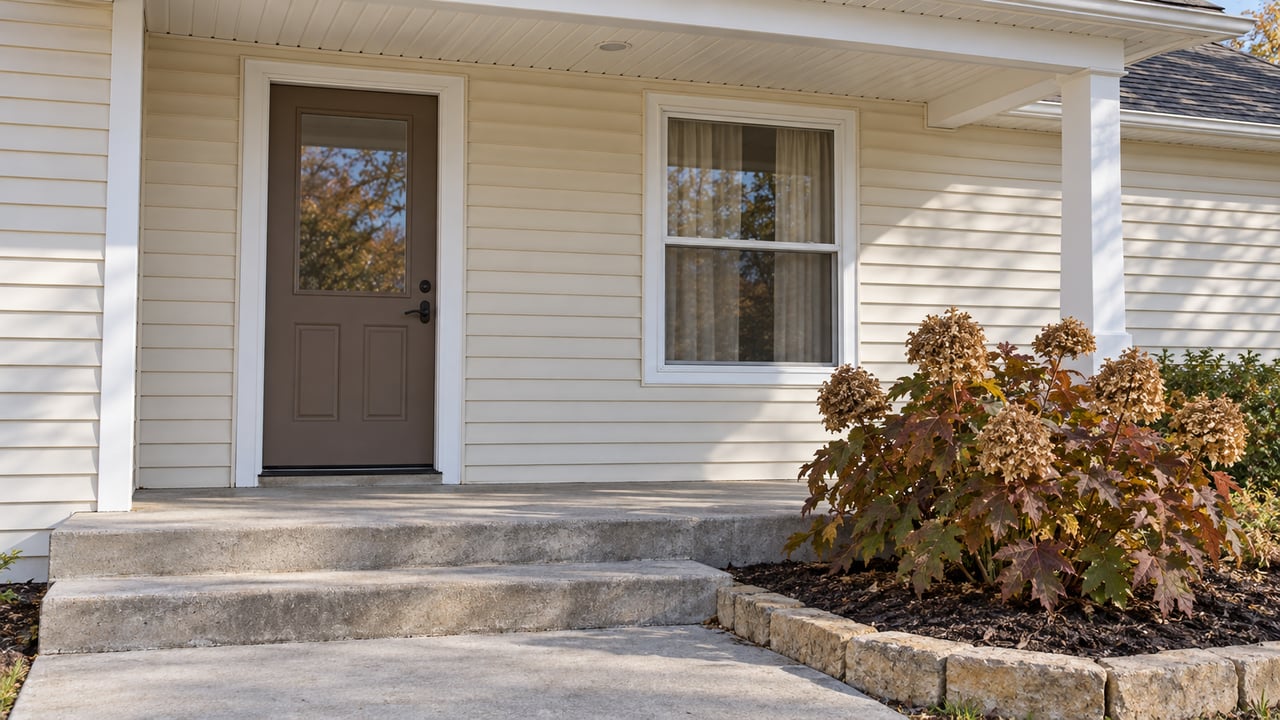 Ivory-sided ranch entrance with a brown glazed door, weathered concrete steps and russet oakleaf hydrangea beside a limestone-edged planting bed.