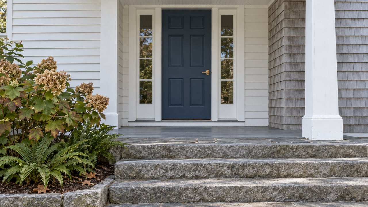 White clapboard and weathered cedar entry with a blue door, matching sidelights, granite steps, and bronze-leaved oakleaf hydrangea.