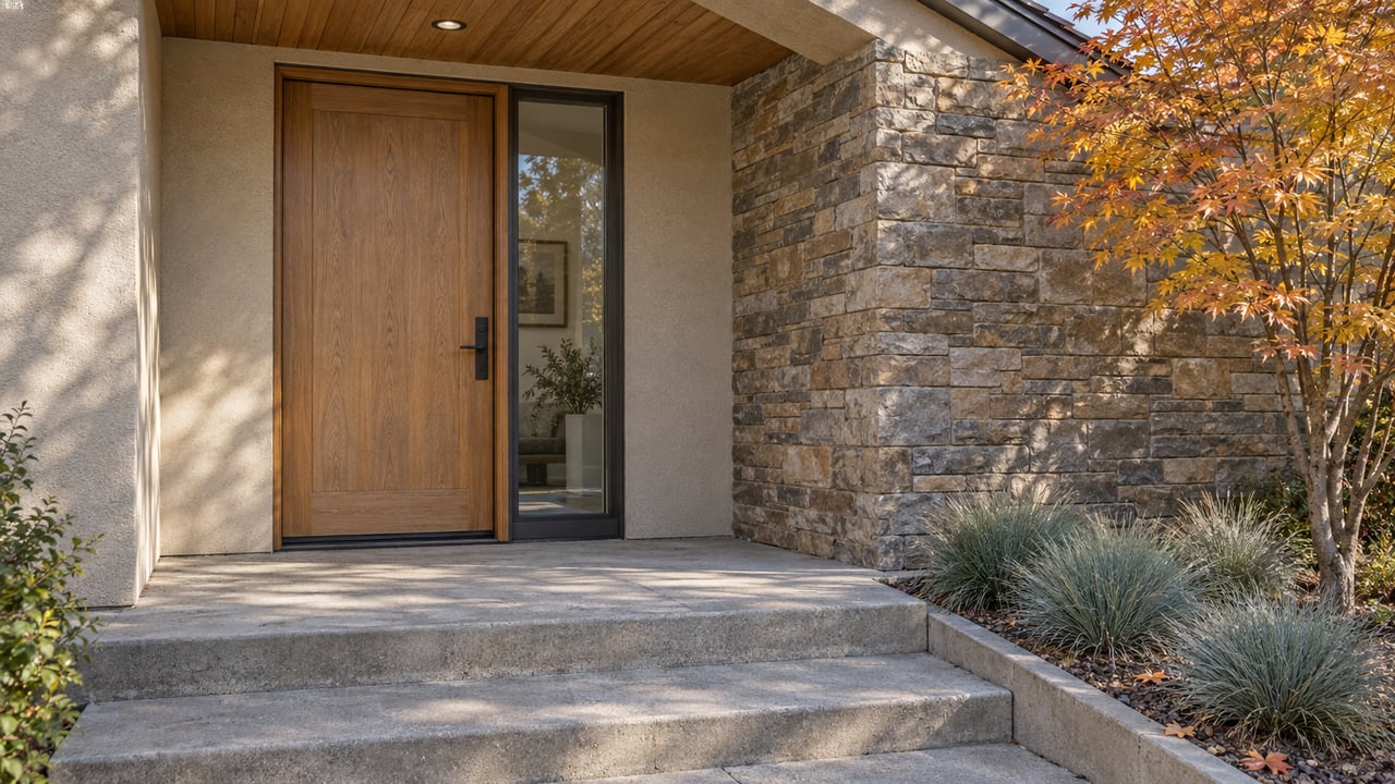 Recessed wood front door beside a glazed sidelight, textured stone and stucco, with concrete entry steps and ochre maple leaves.