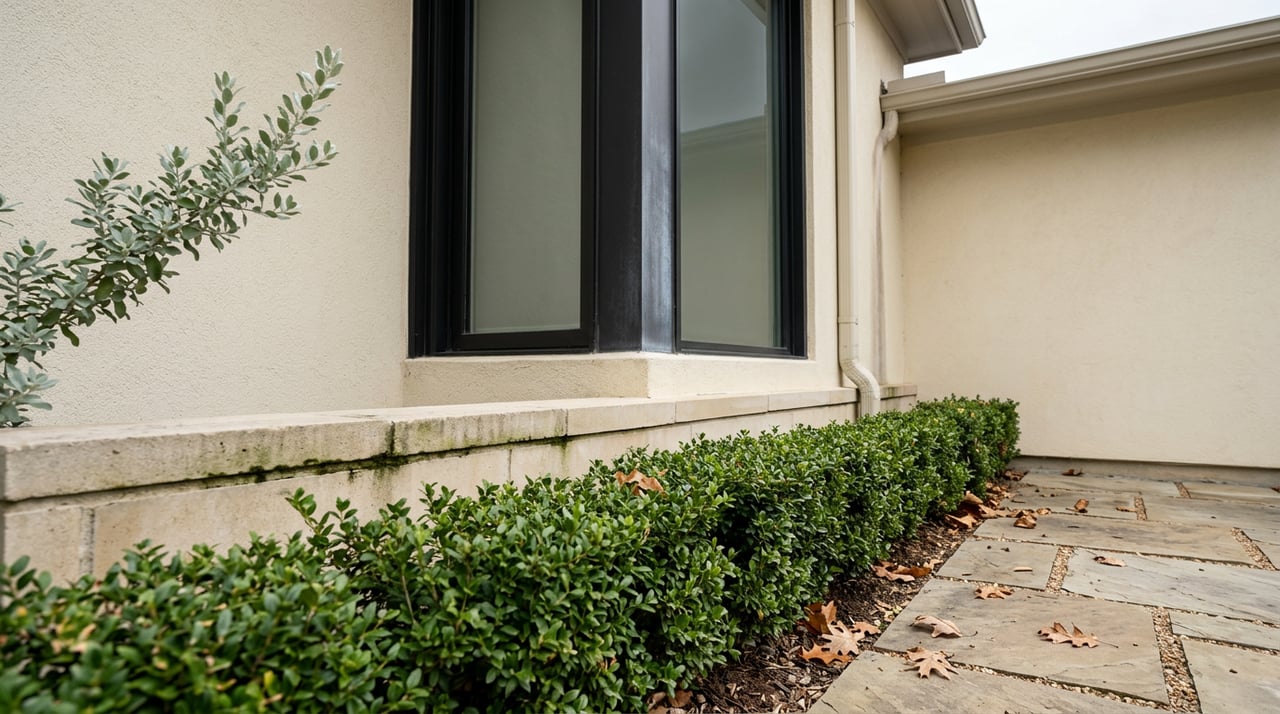Stucco home corner with limestone foundation trim, clipped hedge, black window frame, and Texas sage beneath the roofline.