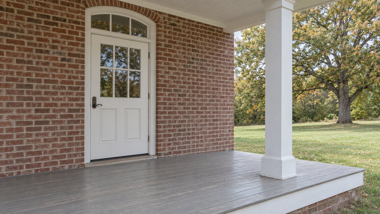 A brick home's covered porch with a white glazed entry door, gray decking and a mature oak across the lawn.