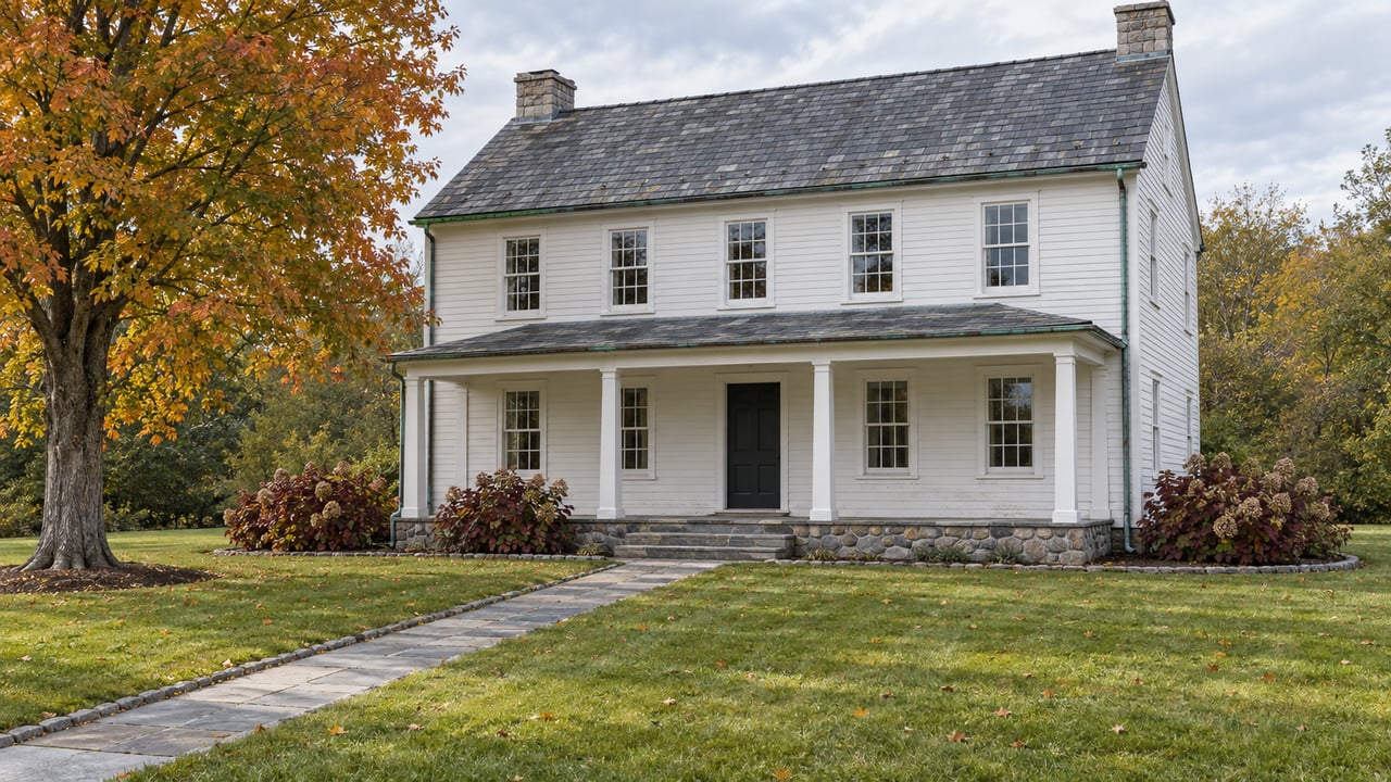 Restored white clapboard house with a slate roof, stone porch and deep autumn lawn beside an amber sugar maple.