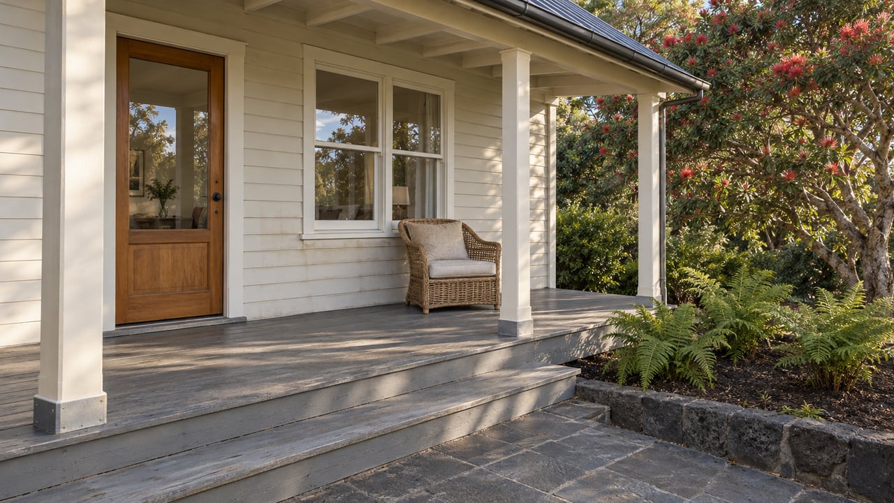 Covered porch of a timber home with a cane chair, gray floorboards, basalt steps and a flowering tree beside the garden.
