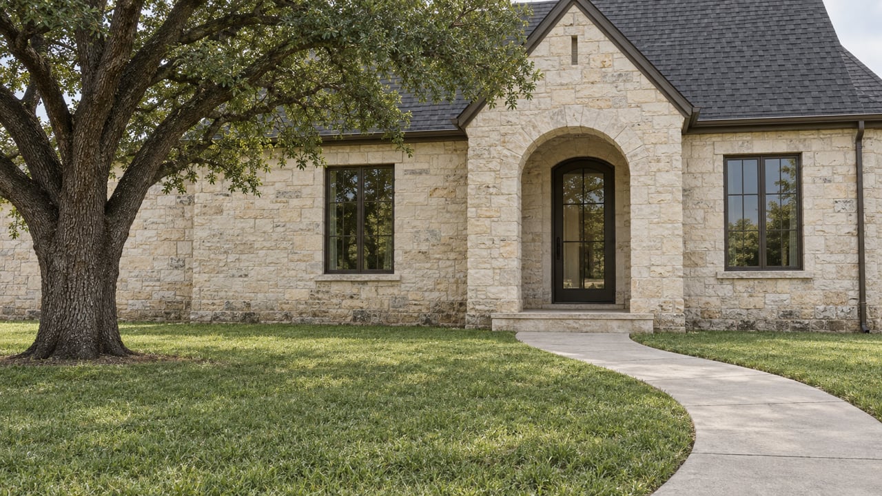 Limestone home with an arched glazed entrance, bronze-framed windows, a mature live oak and a deep front lawn under soft daylight.