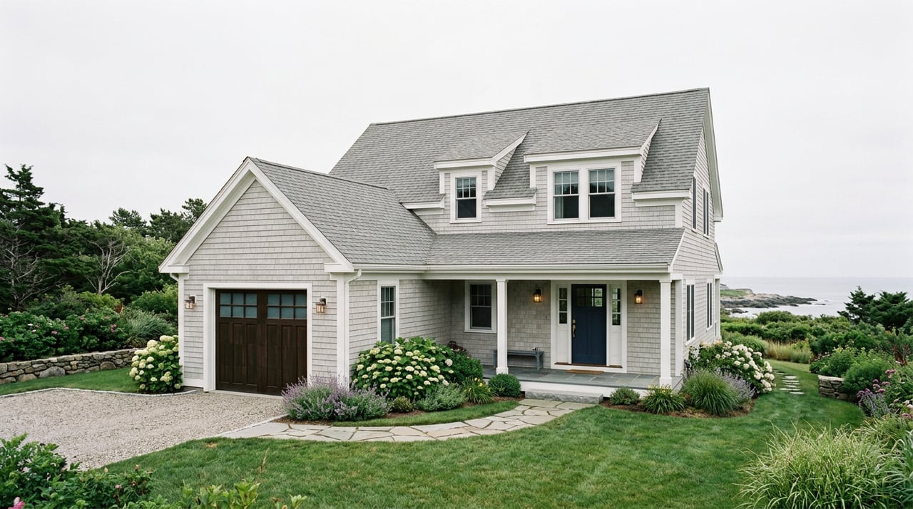Coastal home with weathered cedar-shingle gables, white clapboard, a covered porch, and a two-car garage.