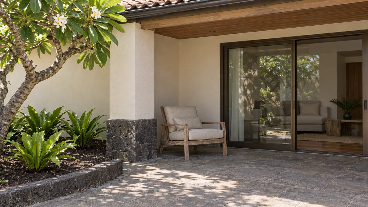 Shaded veranda with pale plaster, basalt stone, wood soffits and closed glass doors beside a sculptural flowering tree and three bird’s-nest ferns.