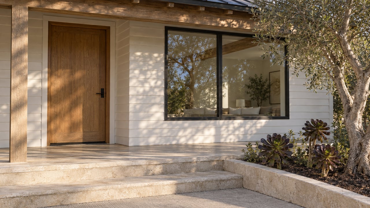 Close view of an oak front door, pale wood siding, black-framed window and limestone entry steps beside a sculptural olive tree.