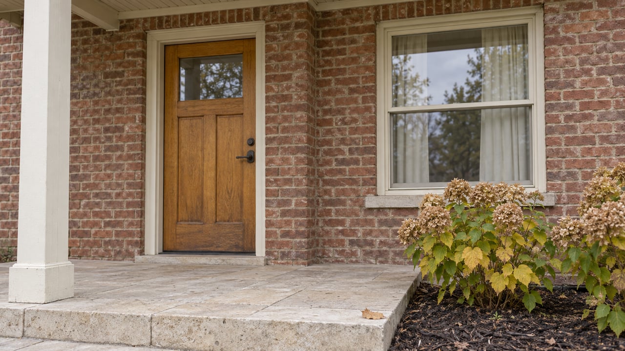 An oak front door and cream-trimmed window set into weathered brick above a limestone porch, beside autumn hydrangeas.