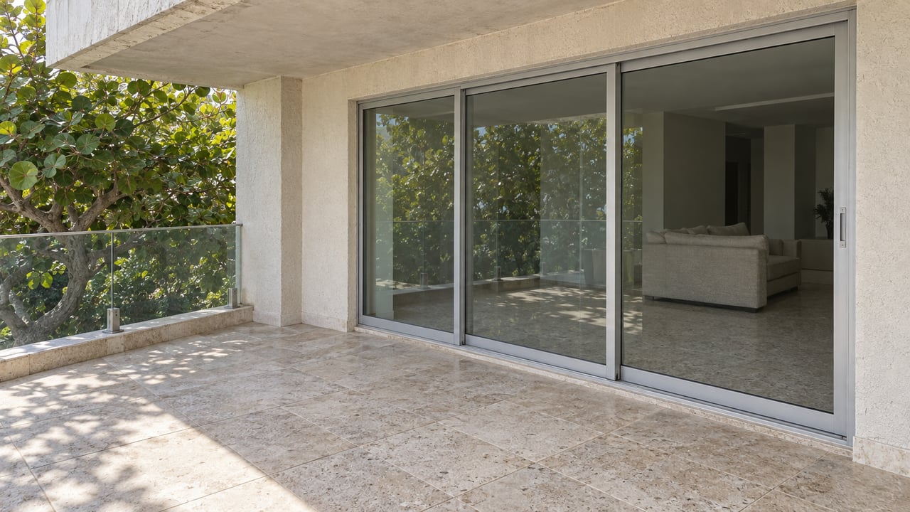 Covered condominium terrace with cream stucco, aged aluminum sliding glass doors, pale limestone flooring and a glass balustrade beside a sea grape tree.