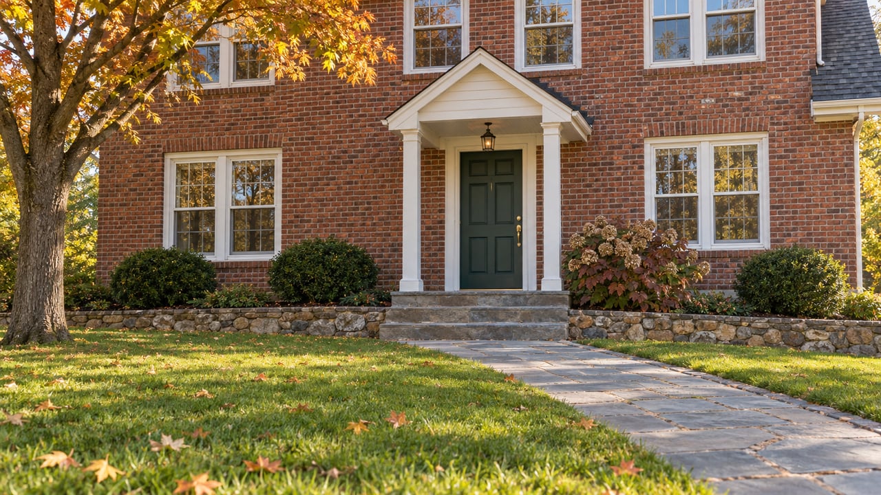 A red brick house with white window trim, a dark green front door, and a bluestone approach across an autumn lawn.