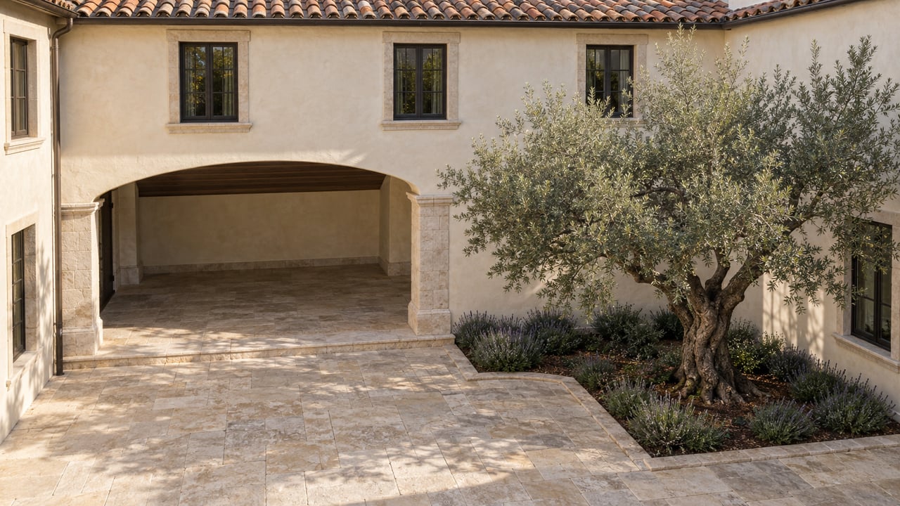 Enclosed limestone courtyard with a stucco loggia, terracotta eaves, and a mature olive tree.