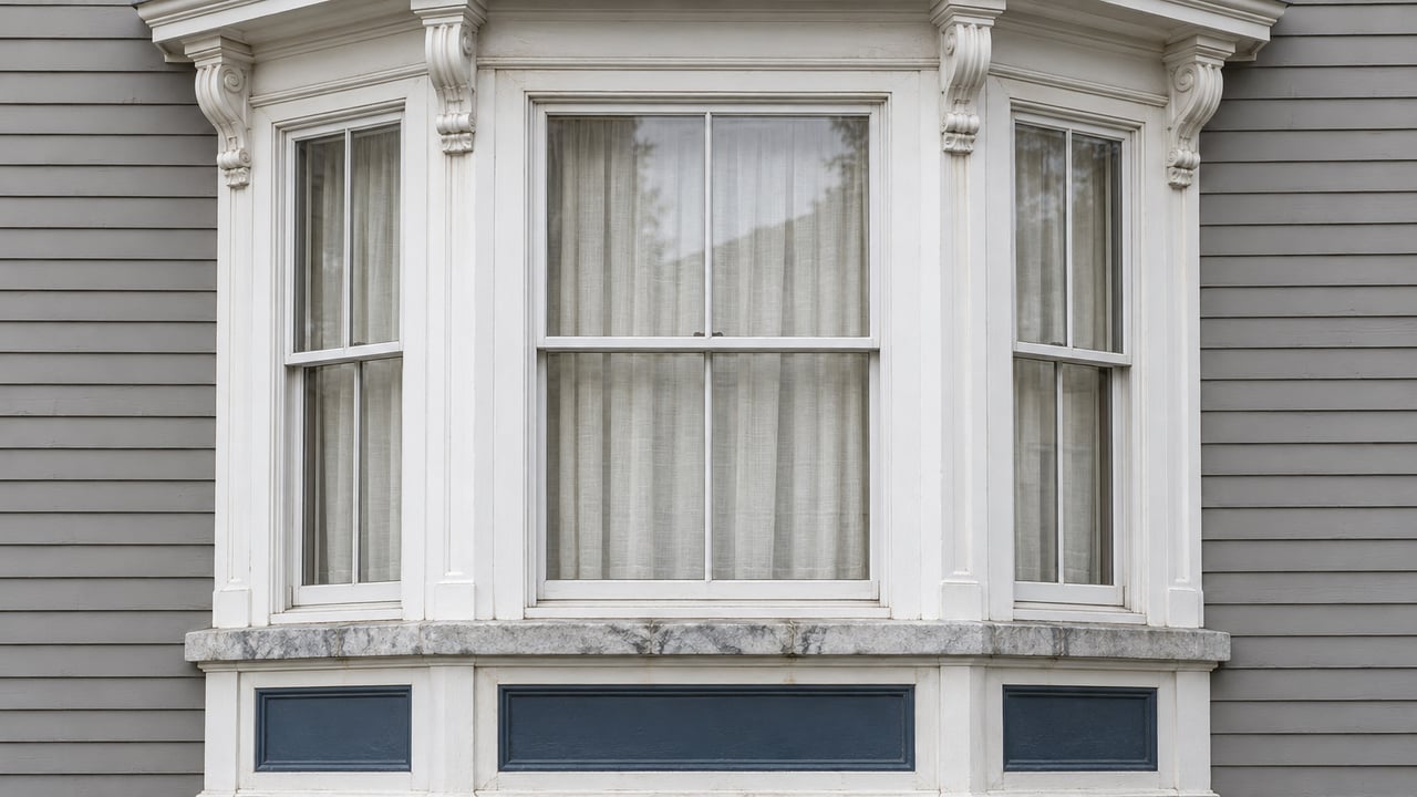 Close view of a painted timber window bay with carved white brackets, three tall sash windows and a weathered pale stone sill.