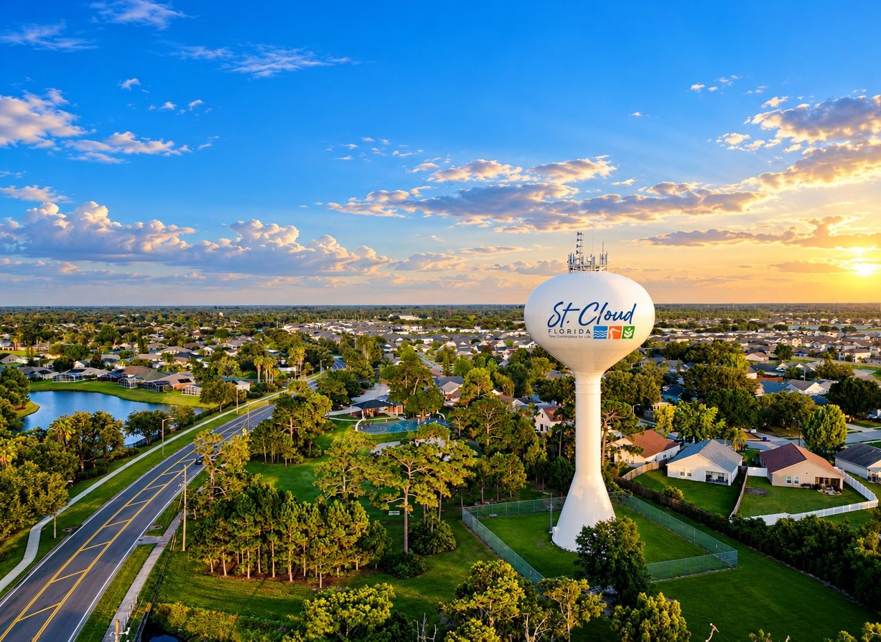 Aerial view of St. Cloud homes and ponds, with the city’s water tower in the foreground.